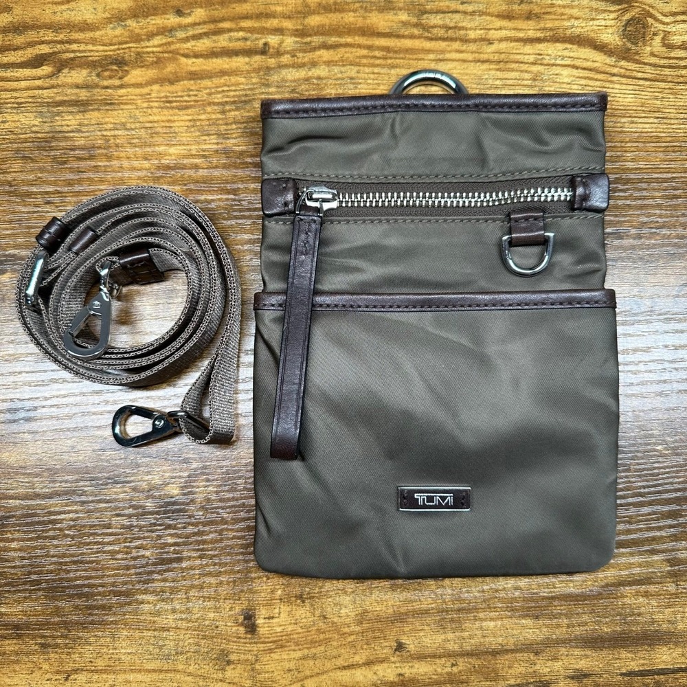Tumi Ballistic Nylon Leather Trim Crossbody Travel Bag Pouch Olive Brown Small